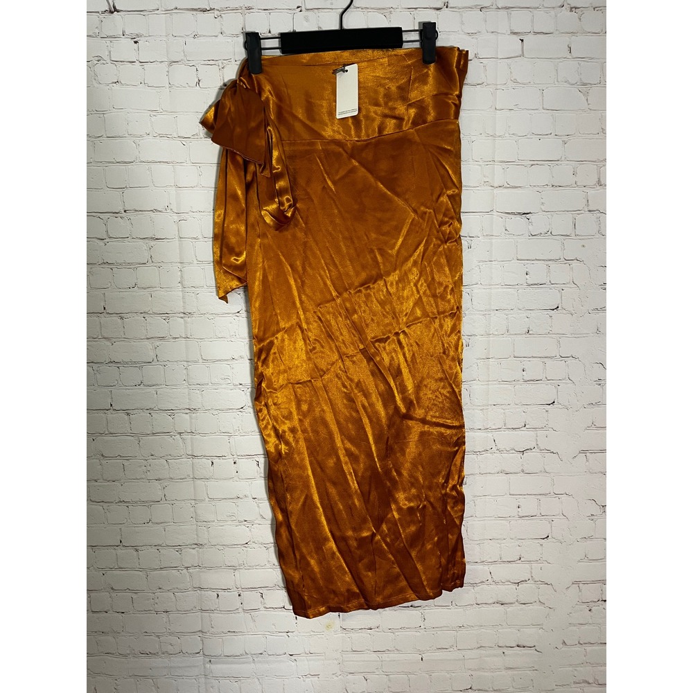 Flawless Bronze Satin‎ Wrap Midi Skirt Side Tie Gold TS9757RS NWT Size M